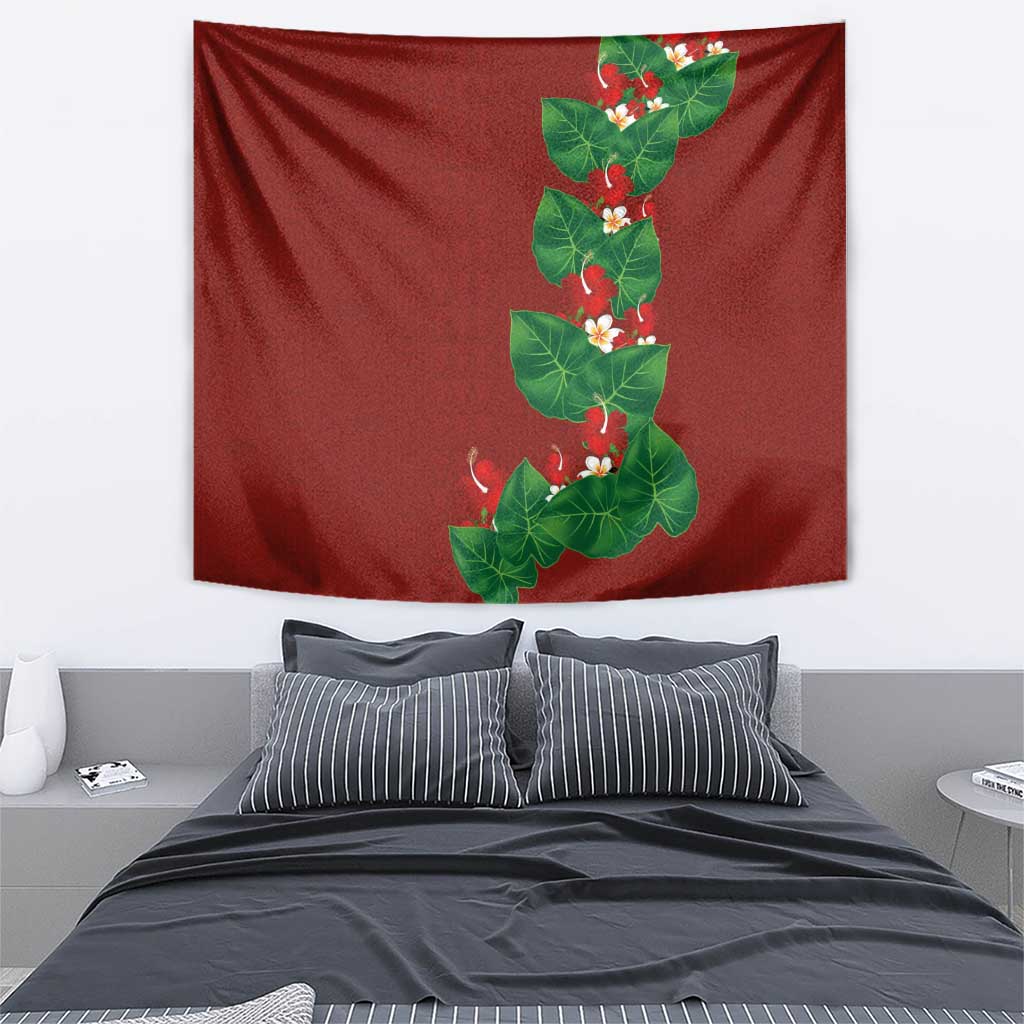 Hawaiian Taro Leaves-Hibiscus and Plumeria Tapestry Polynesian Art-Kakau Tattoo Red LT03 - Polynesian Pride