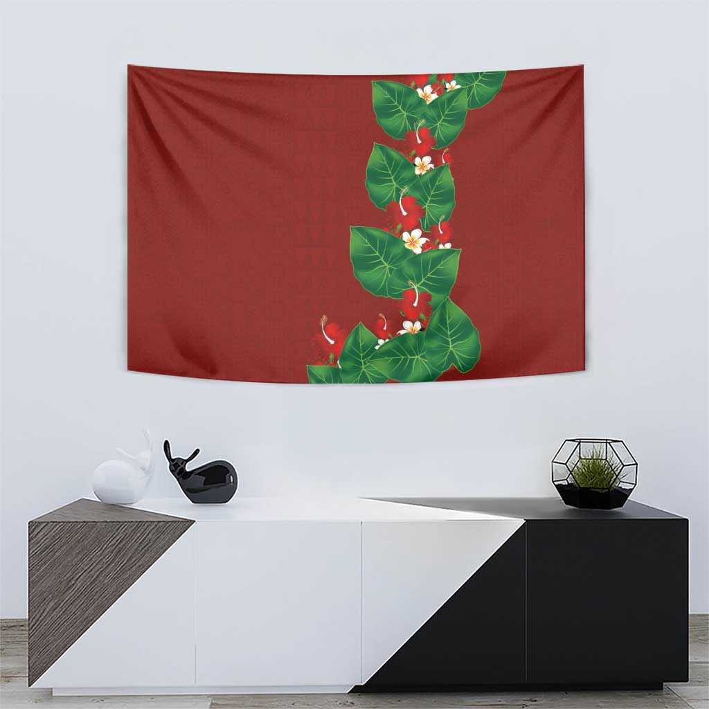 Hawaiian Taro Leaves-Hibiscus and Plumeria Tapestry Polynesian Art-Kakau Tattoo Red LT03 - Polynesian Pride