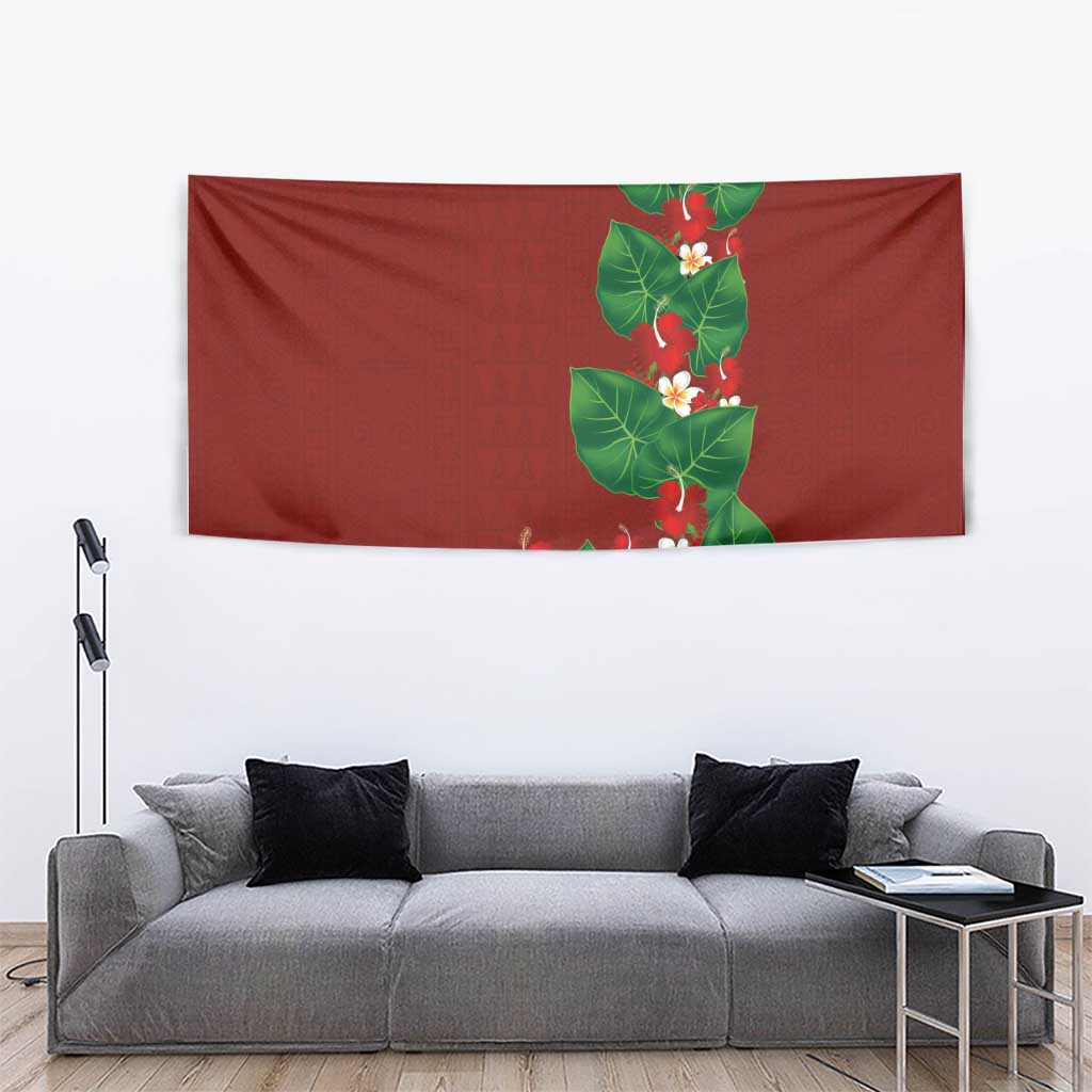 Hawaiian Taro Leaves-Hibiscus and Plumeria Tapestry Polynesian Art-Kakau Tattoo Red LT03 - Polynesian Pride