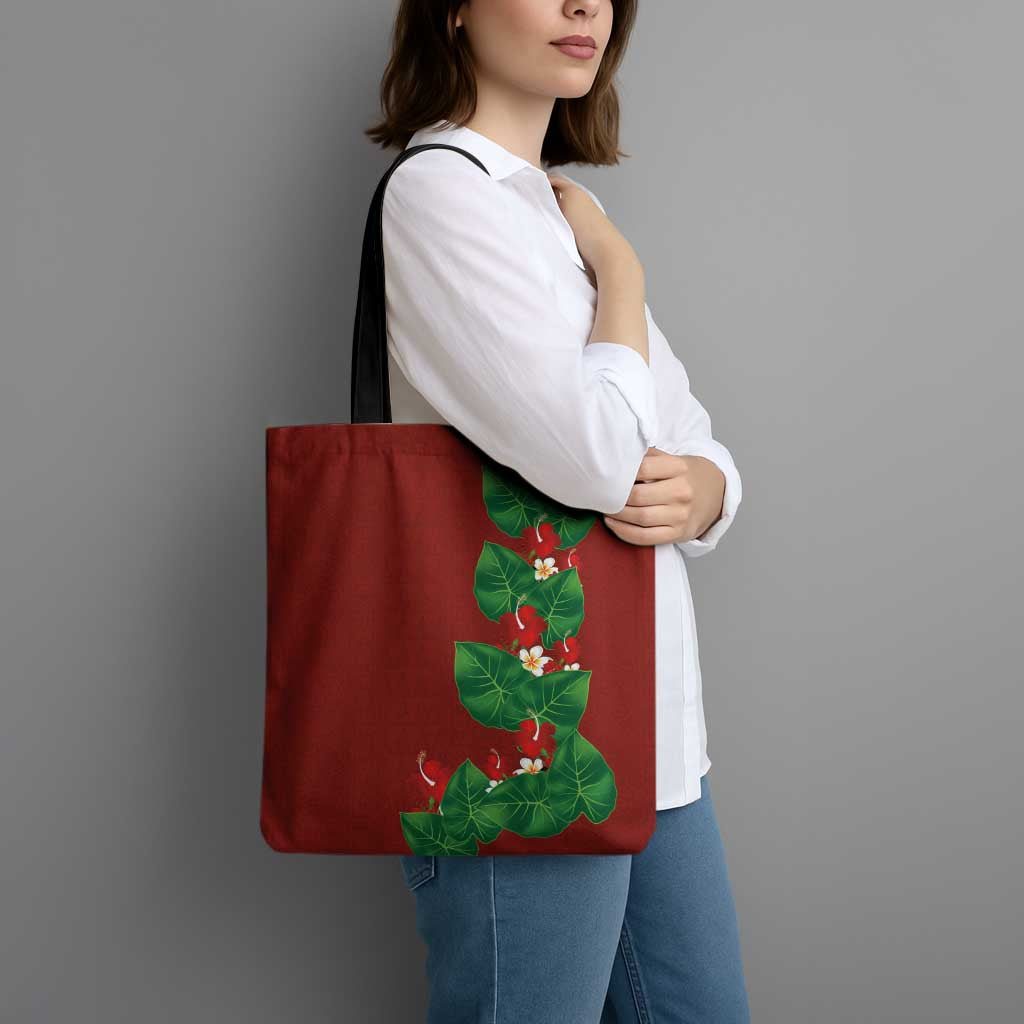 Hawaiian Taro Leaves-Hibiscus and Plumeria Tote Bag Polynesian Art-Kakau Tattoo Red LT03 - Polynesian Pride