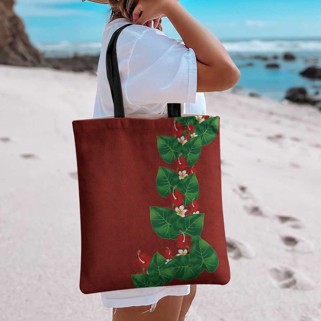 Hawaiian Taro Leaves-Hibiscus and Plumeria Tote Bag Polynesian Art-Kakau Tattoo Red LT03 - Polynesian Pride