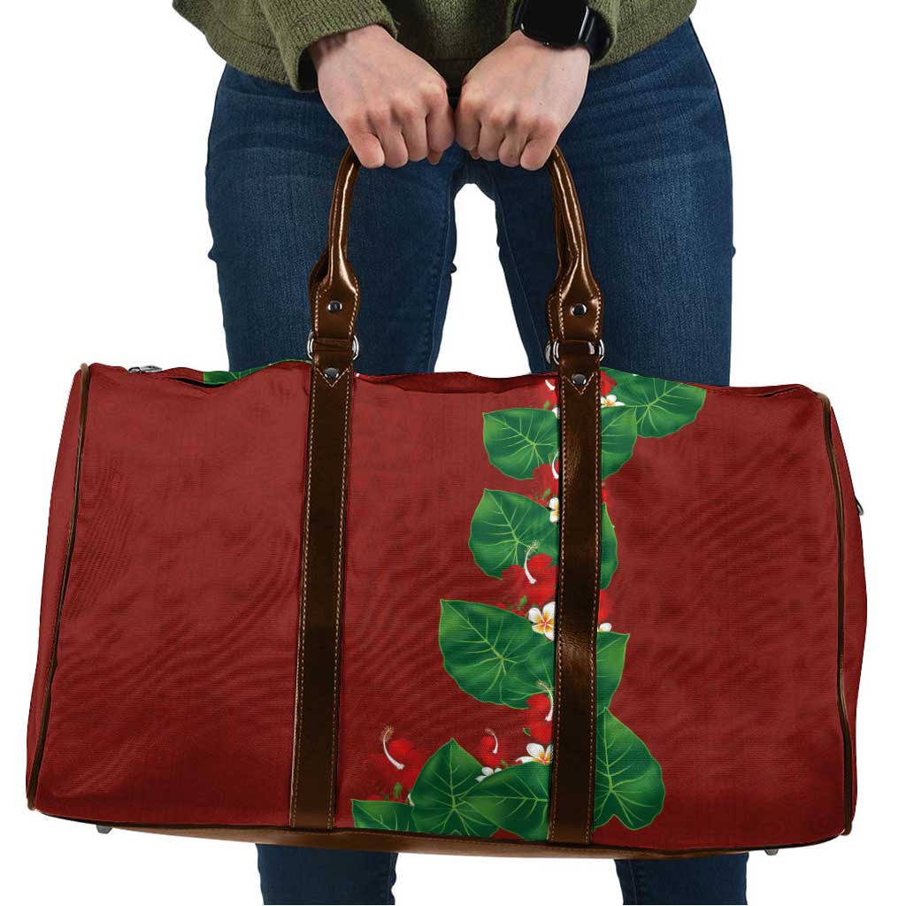 Hawaiian Taro Leaves-Hibiscus and Plumeria Travel Bag Polynesian Art-Kakau Tattoo Red LT03 Red - Polynesian Pride