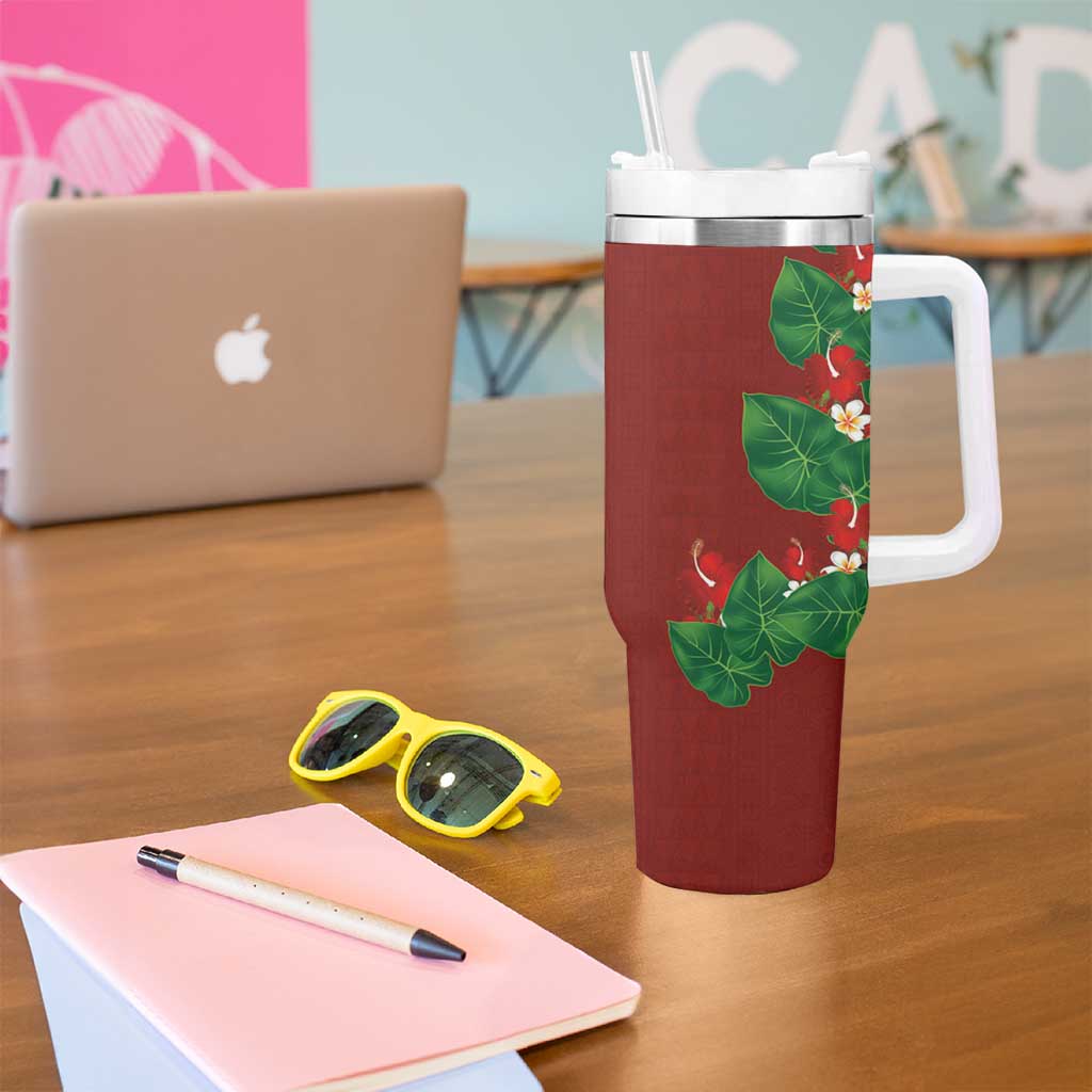 Hawaiian Taro Leaves-Hibiscus and Plumeria Tumbler With Handle Polynesian Art-Kakau Tattoo Red LT03 - Polynesian Pride