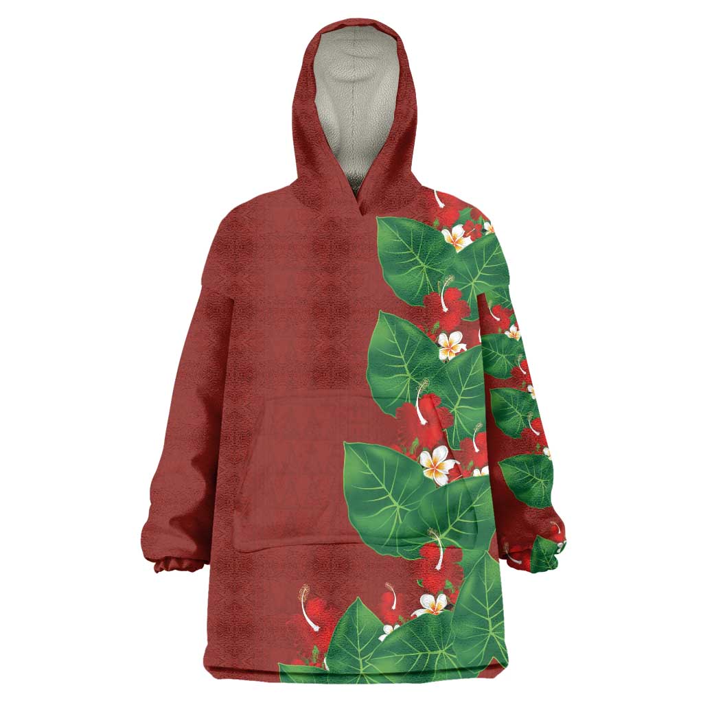 Hawaiian Taro Leaves-Hibiscus and Plumeria Wearable Blanket Hoodie Polynesian Art-Kakau Tattoo Red LT03 One Size Red - Polynesian Pride