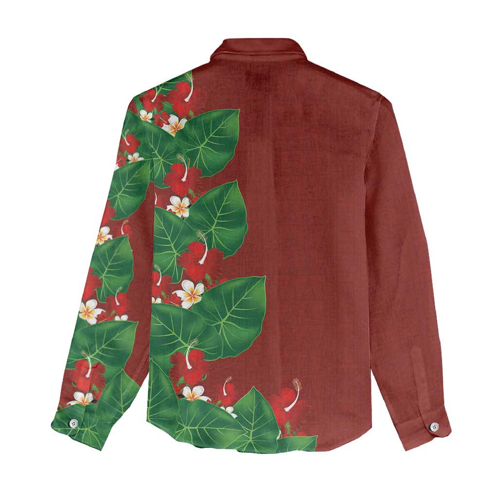 Hawaiian Taro Leaves-Hibiscus and Plumeria Women Casual Shirt Polynesian Art-Kakau Tattoo Red LT03 - Polynesian Pride