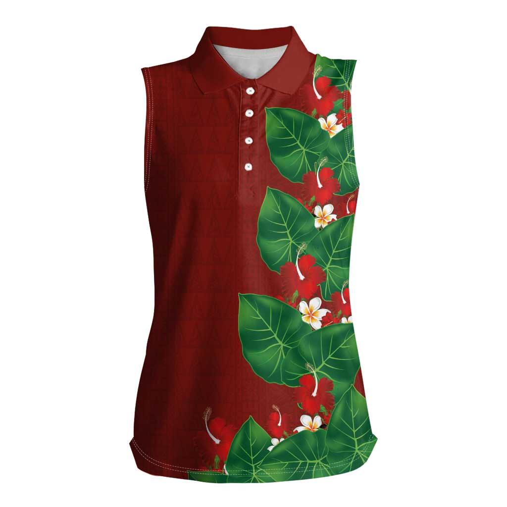 Hawaiian Taro Leaves-Hibiscus and Plumeria Women Sleeveless Polo Shirt Polynesian Art-Kakau Tattoo Red