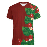Hawaiian Taro Leaves-Hibiscus and Plumeria Women V-Neck T-Shirt Polynesian Art-Kakau Tattoo Red LT03 Female Red - Polynesian Pride