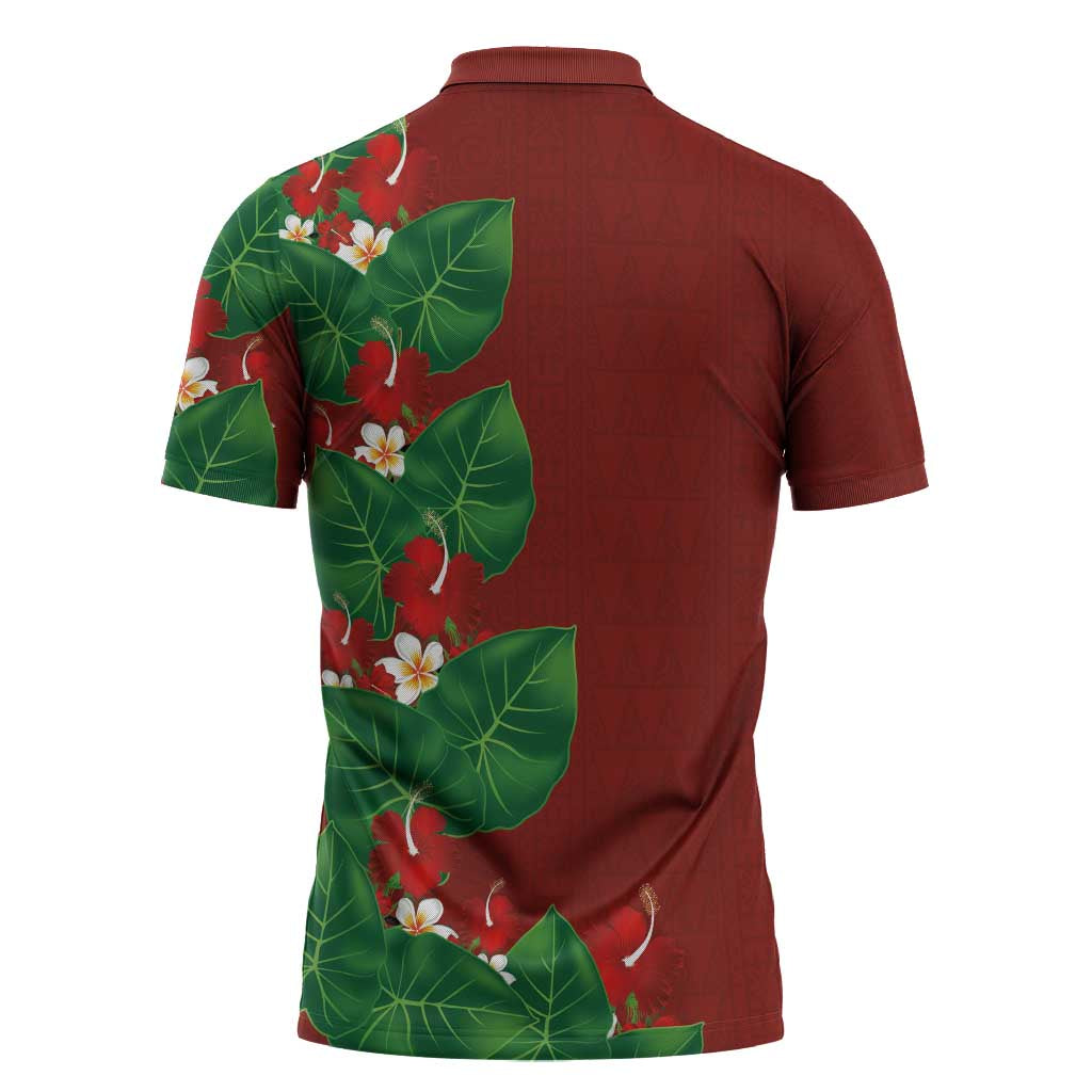 Hawaiian Taro Leaves-Hibiscus and Plumeria Zipper Polo Shirt Polynesian Art-Kakau Tattoo Red LT03 - Polynesian Pride