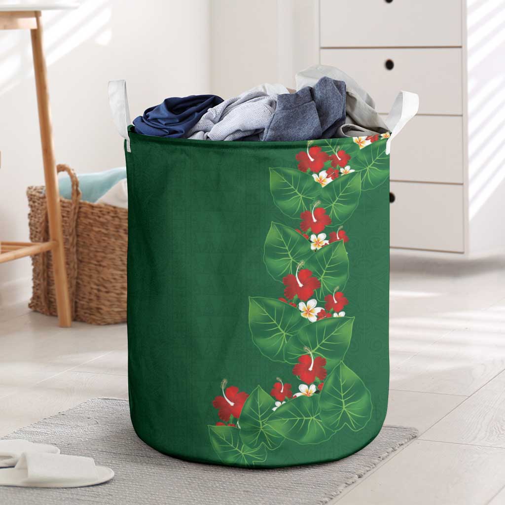 Hawaiian Taro Leaves-Hibiscus and Plumeria Laundry Basket Polynesian Art-Kakau Tattoo Green LT03 Green - Polynesian Pride