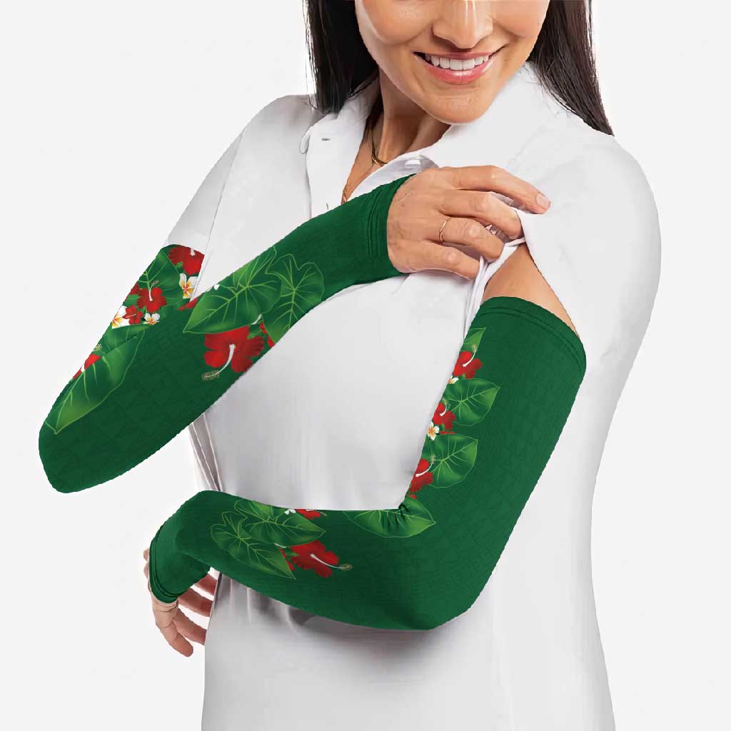 Hawaiian Taro Leaves-Hibiscus and Plumeria Arm Sleeves Polynesian Art-Kakau Tattoo Green LT03 - Polynesian Pride