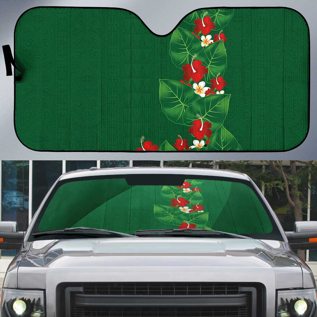 Hawaiian Taro Leaves-Hibiscus and Plumeria Auto Sun Shade Polynesian Art-Kakau Tattoo Green LT03 Green - Polynesian Pride