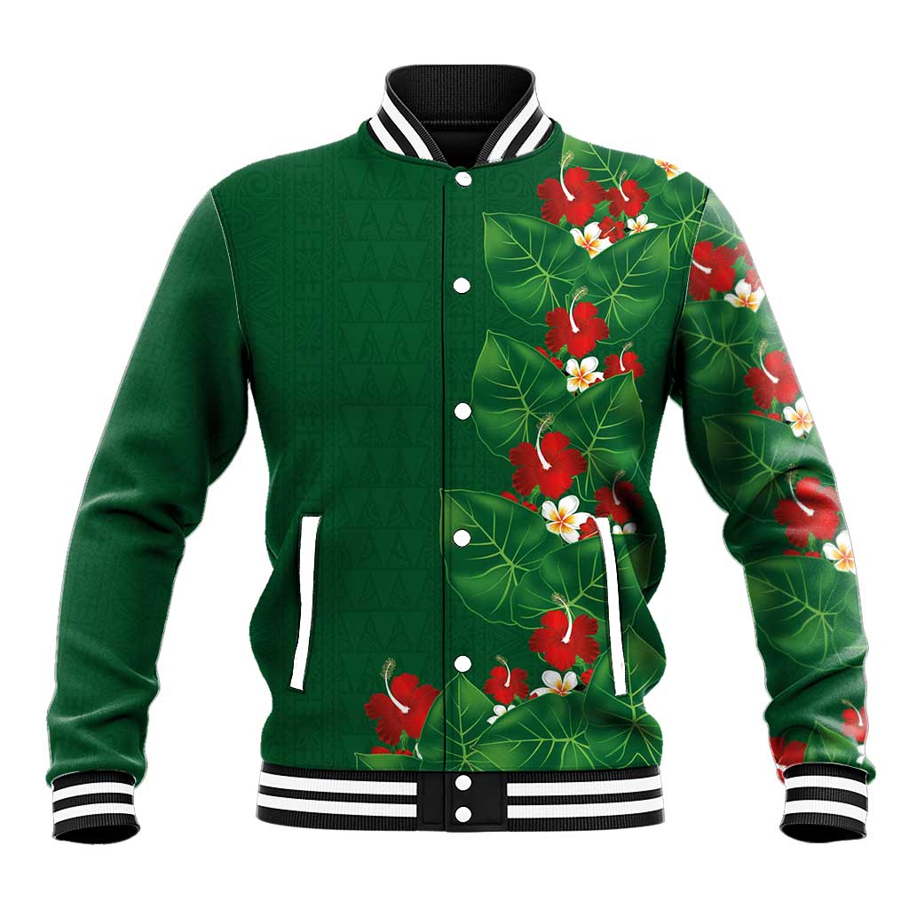 Hawaiian Taro Leaves-Hibiscus and Plumeria Baseball Jacket Polynesian Art-Kakau Tattoo Green