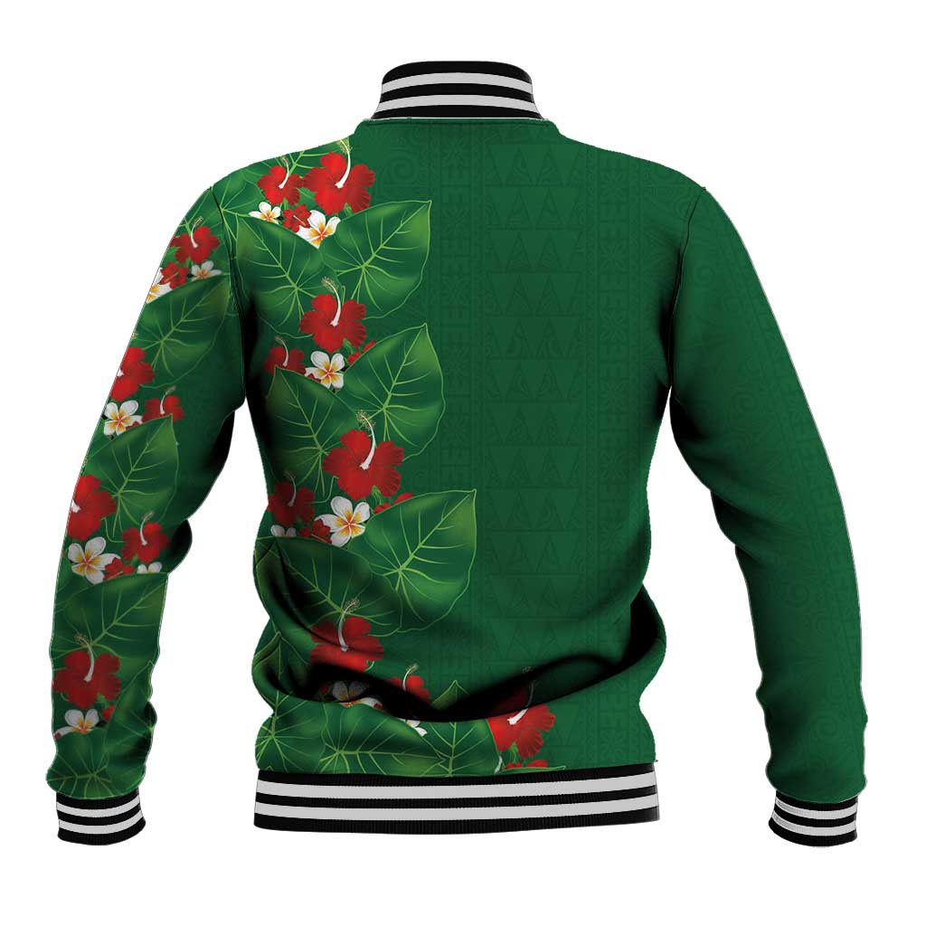 Hawaiian Taro Leaves-Hibiscus and Plumeria Baseball Jacket Polynesian Art-Kakau Tattoo Green LT03 - Polynesian Pride