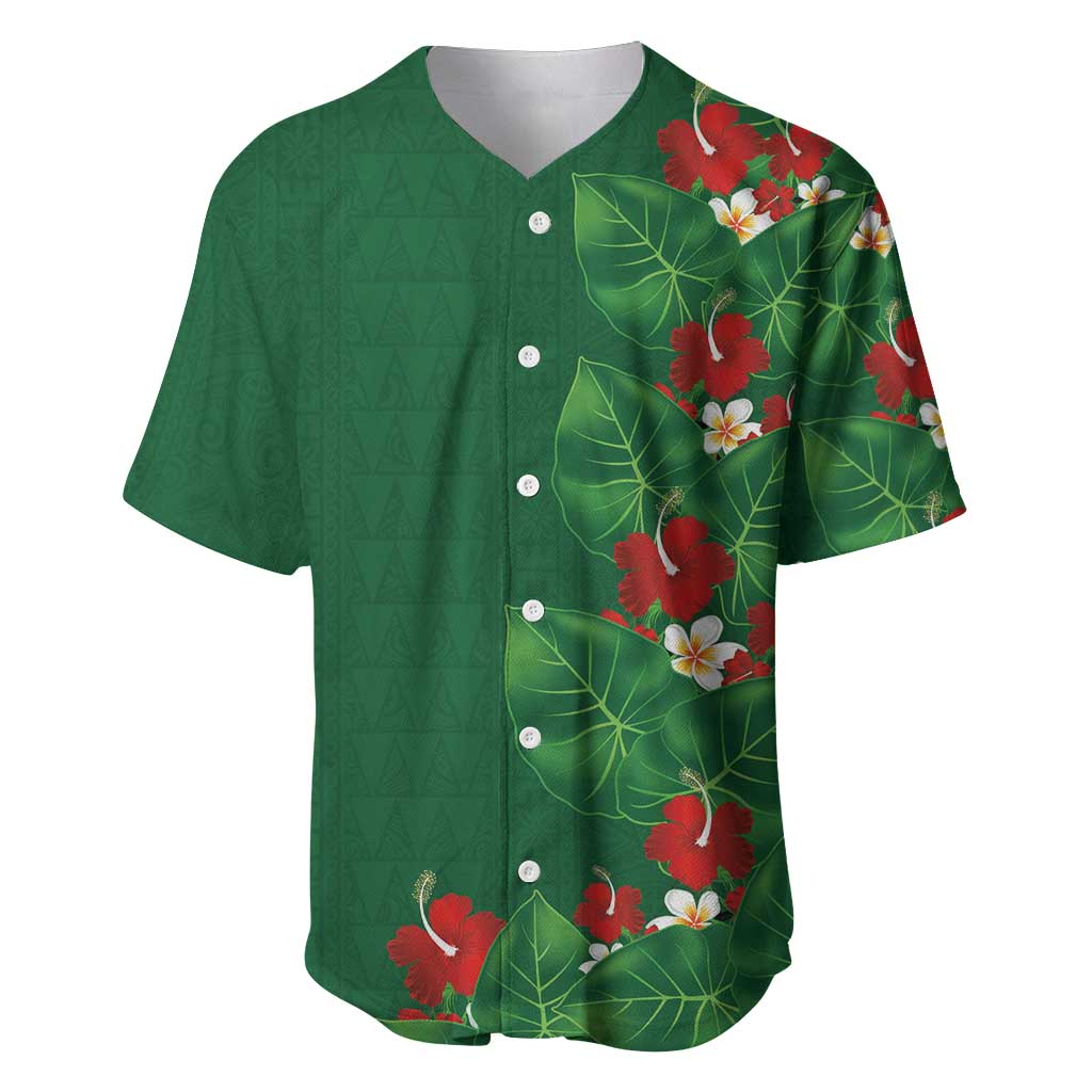 Hawaiian Taro Leaves-Hibiscus and Plumeria Baseball Jersey Polynesian Art-Kakau Tattoo Green