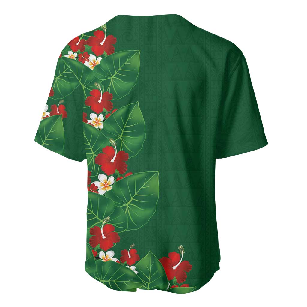 Hawaiian Taro Leaves-Hibiscus and Plumeria Baseball Jersey Polynesian Art-Kakau Tattoo Green LT03 - Polynesian Pride