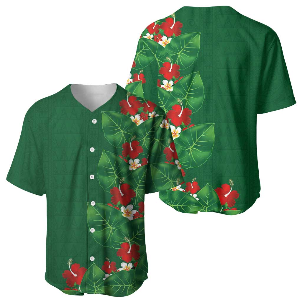 Hawaiian Taro Leaves-Hibiscus and Plumeria Baseball Jersey Polynesian Art-Kakau Tattoo Green LT03 - Polynesian Pride