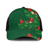Hawaiian Taro Leaves-Hibiscus and Plumeria Baseball Net Cap Polynesian Art-Kakau Tattoo Green LT03 One Size Black Green - Polynesian Pride