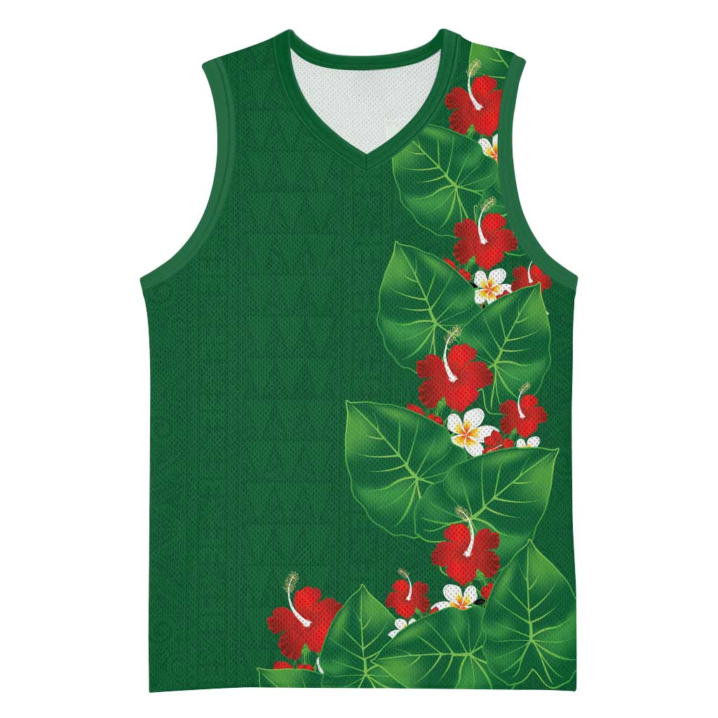 Hawaiian Taro Leaves-Hibiscus and Plumeria Basketball Jersey Polynesian Art-Kakau Tattoo Green LT03 Unisex Green - Polynesian Pride