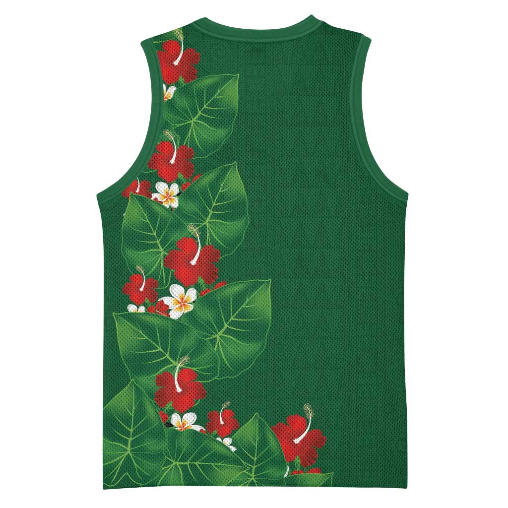 Hawaiian Taro Leaves-Hibiscus and Plumeria Basketball Jersey Polynesian Art-Kakau Tattoo Green LT03 - Polynesian Pride