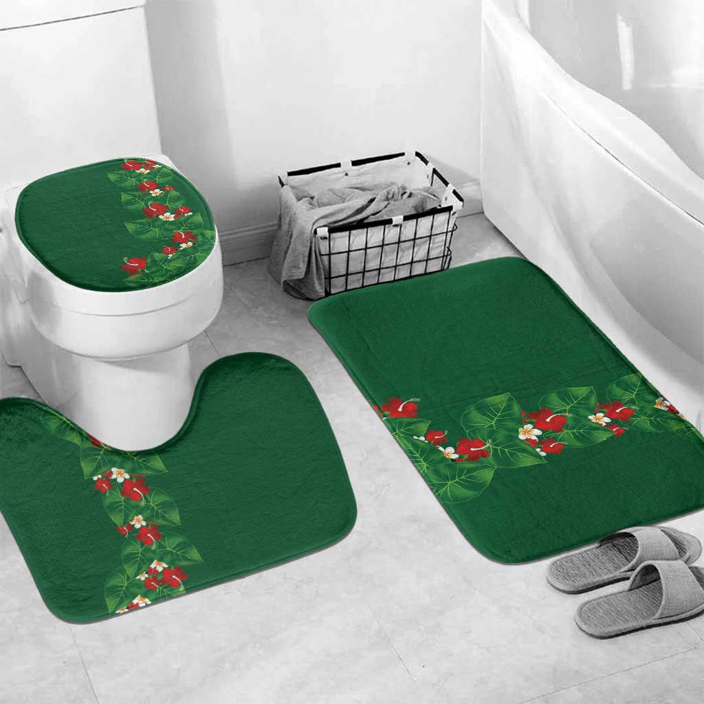 Hawaiian Taro Leaves-Hibiscus and Plumeria Bathroom Set Polynesian Art-Kakau Tattoo Green LT03 Mat Set Only (3 pcs) One Size Green - Polynesian Pride