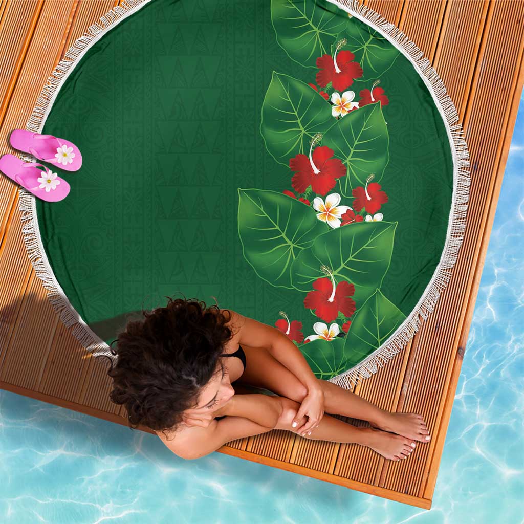 Hawaiian Taro Leaves-Hibiscus and Plumeria Beach Blanket Polynesian Art-Kakau Tattoo Green LT03 - Polynesian Pride