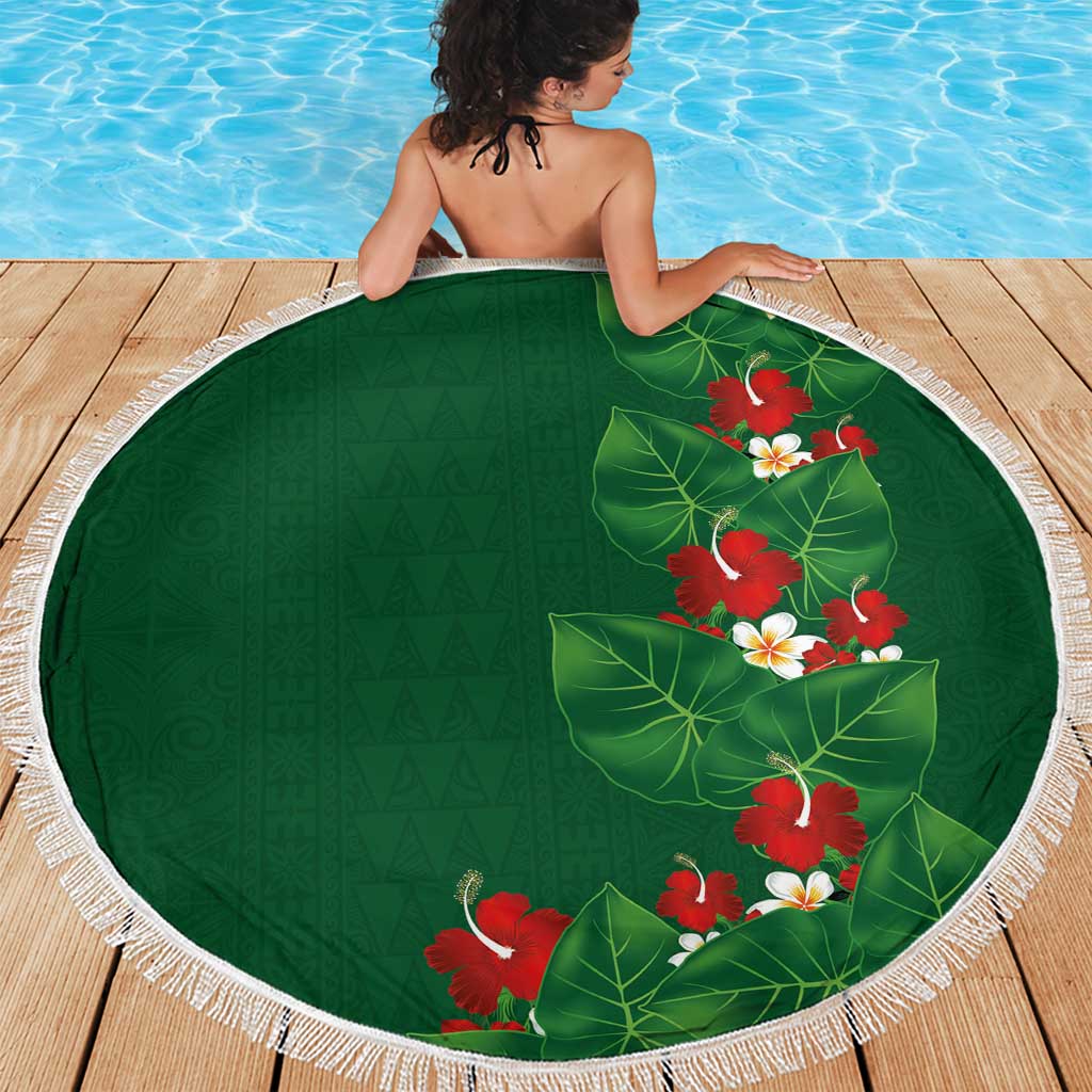 Hawaiian Taro Leaves-Hibiscus and Plumeria Beach Blanket Polynesian Art-Kakau Tattoo Green LT03 - Polynesian Pride