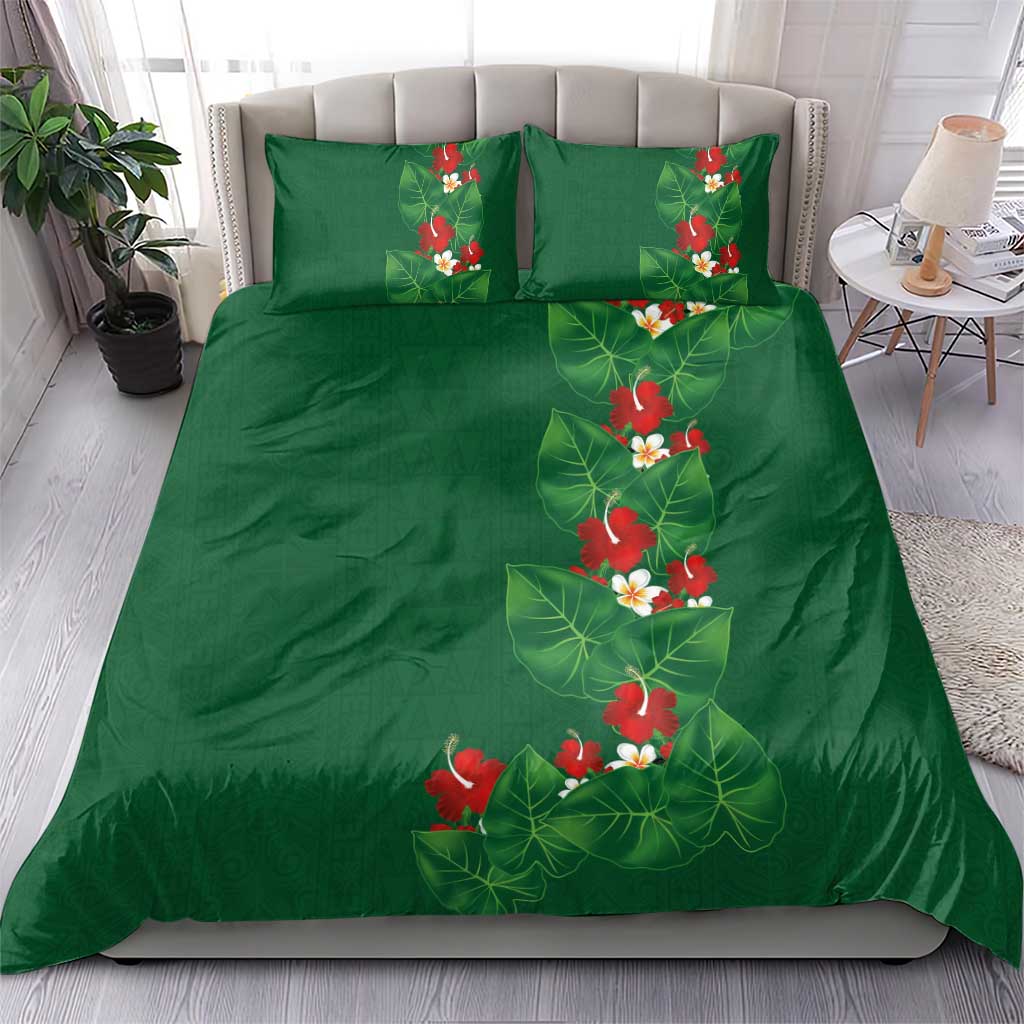 Hawaiian Taro Leaves-Hibiscus and Plumeria Bedding Set Polynesian Art-Kakau Tattoo Green LT03 - Polynesian Pride