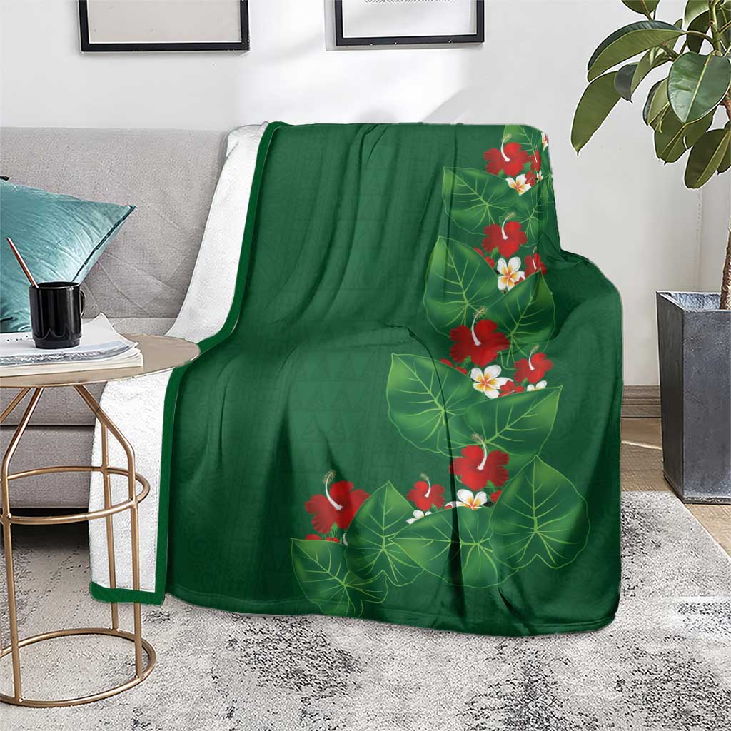 Hawaiian Taro Leaves-Hibiscus and Plumeria Blanket Polynesian Art-Kakau Tattoo Green LT03 - Polynesian Pride