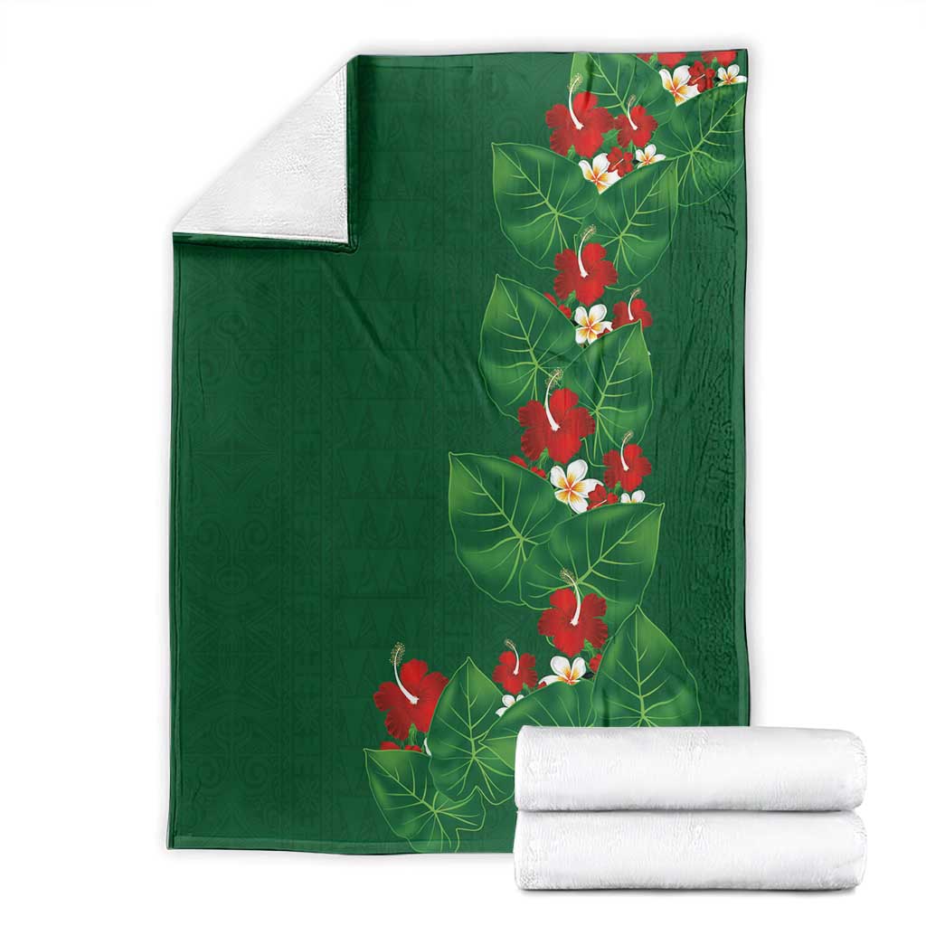 Hawaiian Taro Leaves-Hibiscus and Plumeria Blanket Polynesian Art-Kakau Tattoo Green LT03 - Polynesian Pride