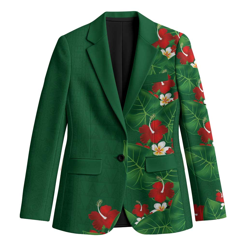 Hawaiian Taro Leaves-Hibiscus and Plumeria Blazer Polynesian Art-Kakau Tattoo Green LT03 Unisex Green - Polynesian Pride