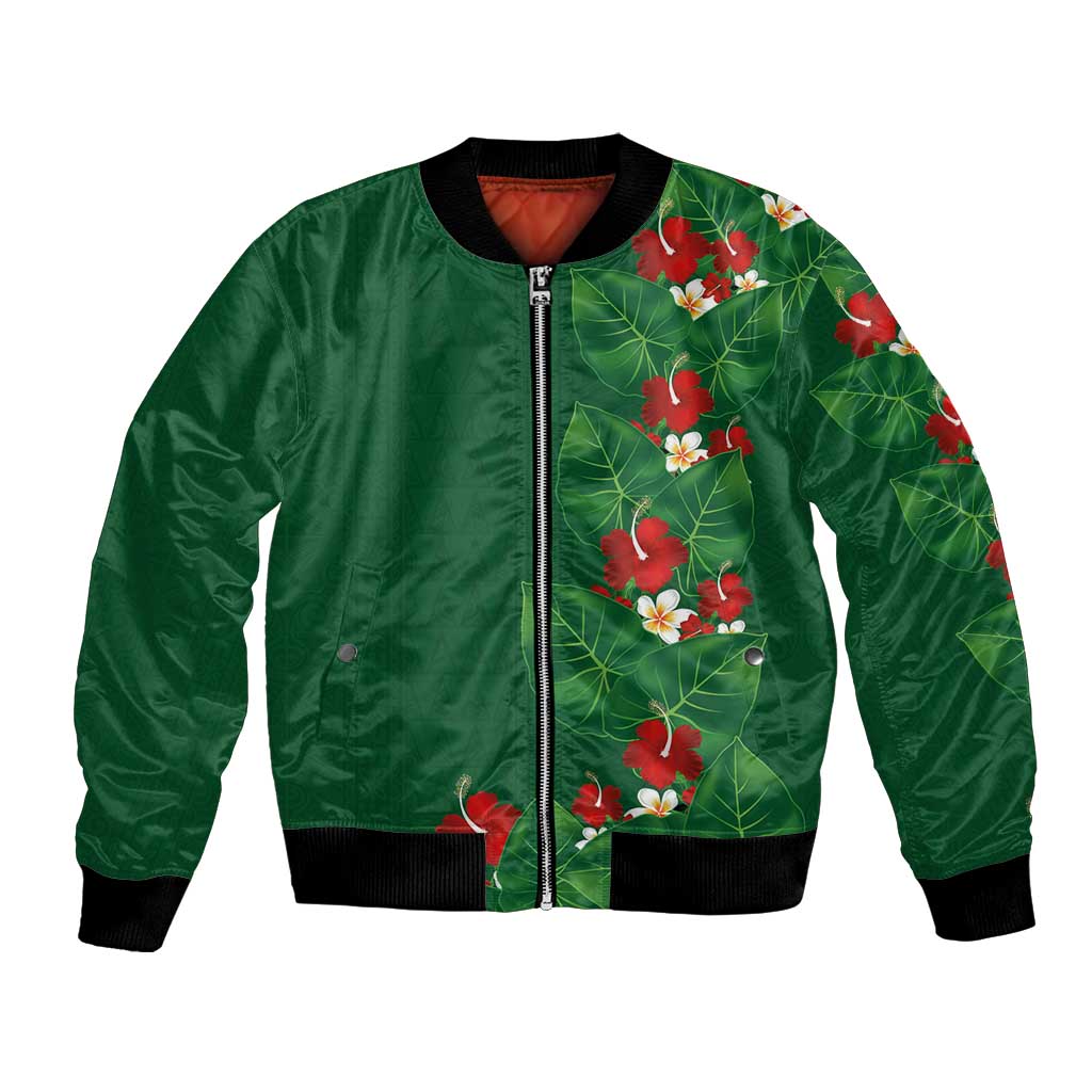 Hawaiian Taro Leaves-Hibiscus and Plumeria Bomber Jacket Polynesian Art-Kakau Tattoo Green