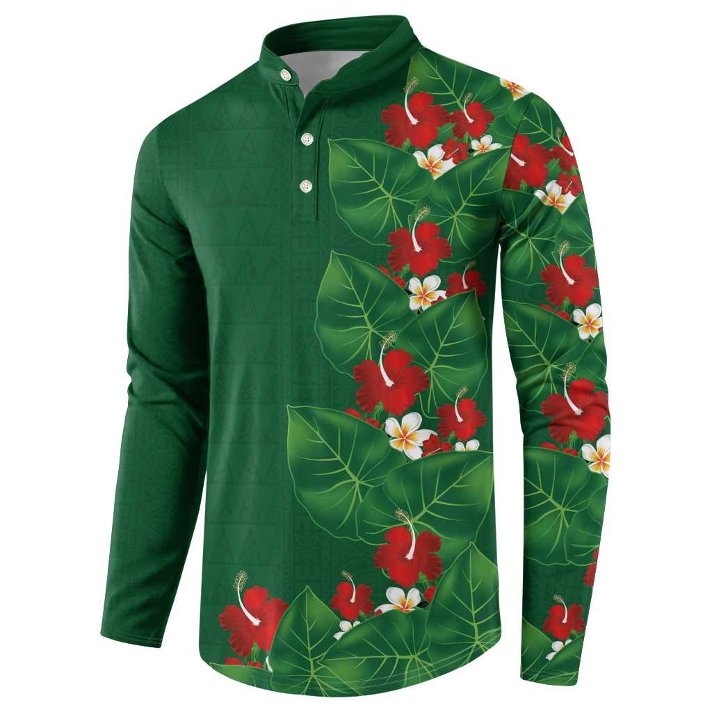 Hawaiian Taro Leaves-Hibiscus and Plumeria Button Sweatshirt Polynesian Art-Kakau Tattoo Green LT03 - Polynesian Pride