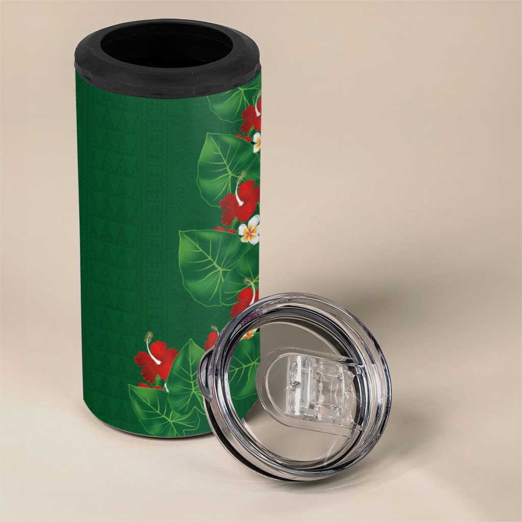Hawaiian Taro Leaves-Hibiscus and Plumeria 4 in 1 Can Cooler Tumbler Polynesian Art-Kakau Tattoo Green LT03 - Polynesian Pride