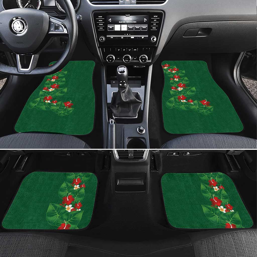 Hawaiian Taro Leaves-Hibiscus and Plumeria Car Mats Polynesian Art-Kakau Tattoo Green LT03 Set 4pcs Green - Polynesian Pride