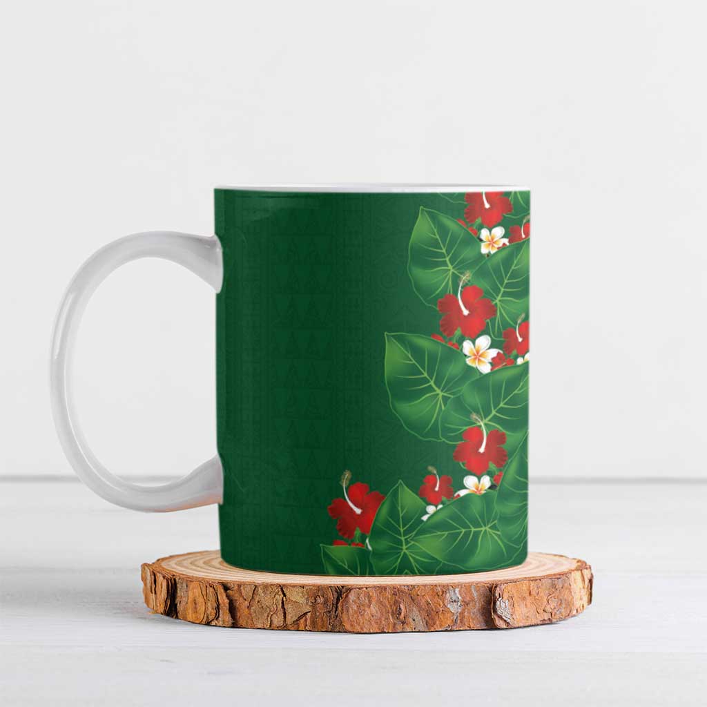Hawaiian Taro Leaves-Hibiscus and Plumeria Ceramic Mug Polynesian Art-Kakau Tattoo Green LT03 Green - Polynesian Pride