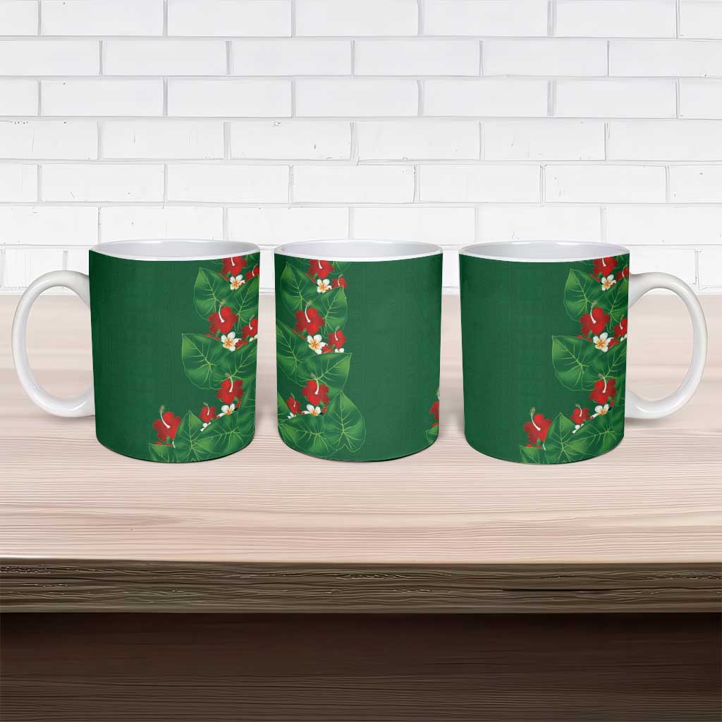 Hawaiian Taro Leaves-Hibiscus and Plumeria Ceramic Mug Polynesian Art-Kakau Tattoo Green LT03 - Polynesian Pride