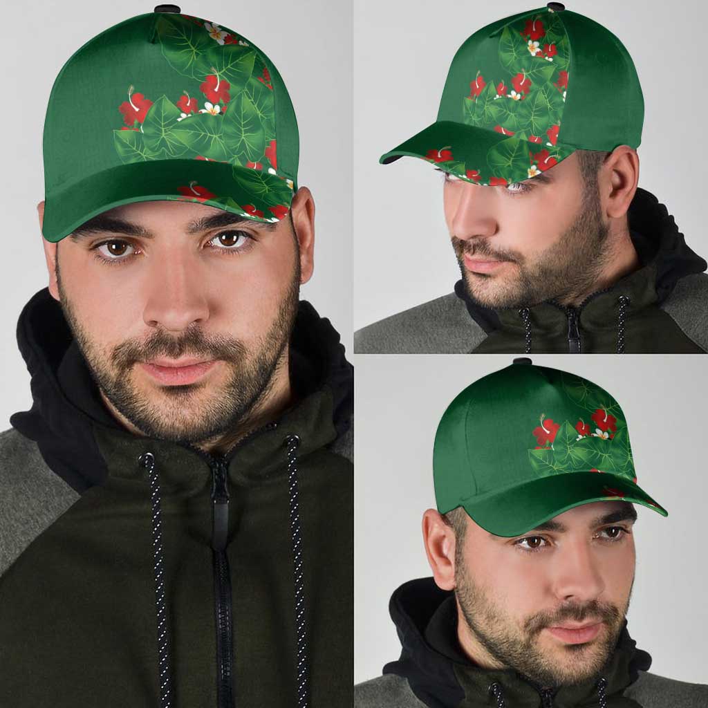 Hawaiian Taro Leaves-Hibiscus and Plumeria Classic Cap Polynesian Art-Kakau Tattoo Green LT03 - Polynesian Pride