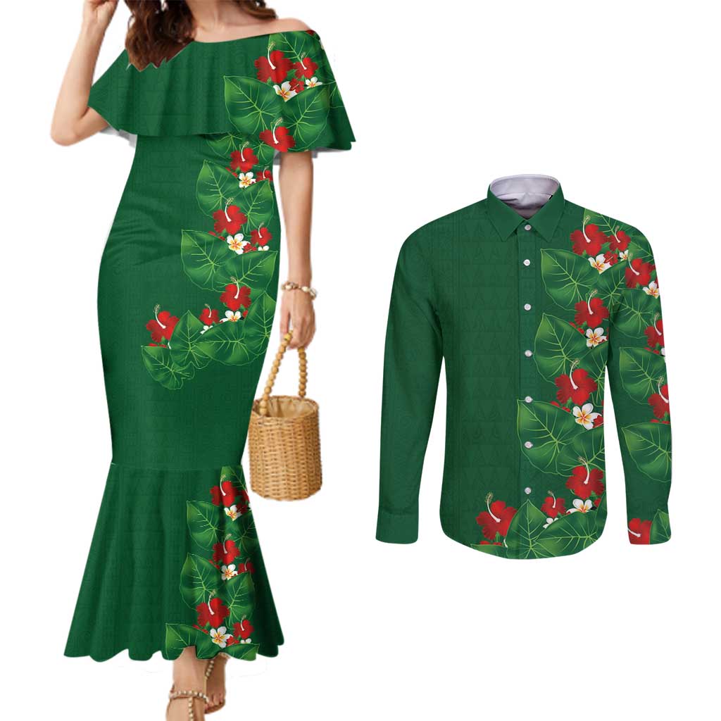 Hawaiian Taro Leaves-Hibiscus and Plumeria Couples Matching Mermaid Dress and Long Sleeve Button Shirt Polynesian Art-Kakau Tattoo Green