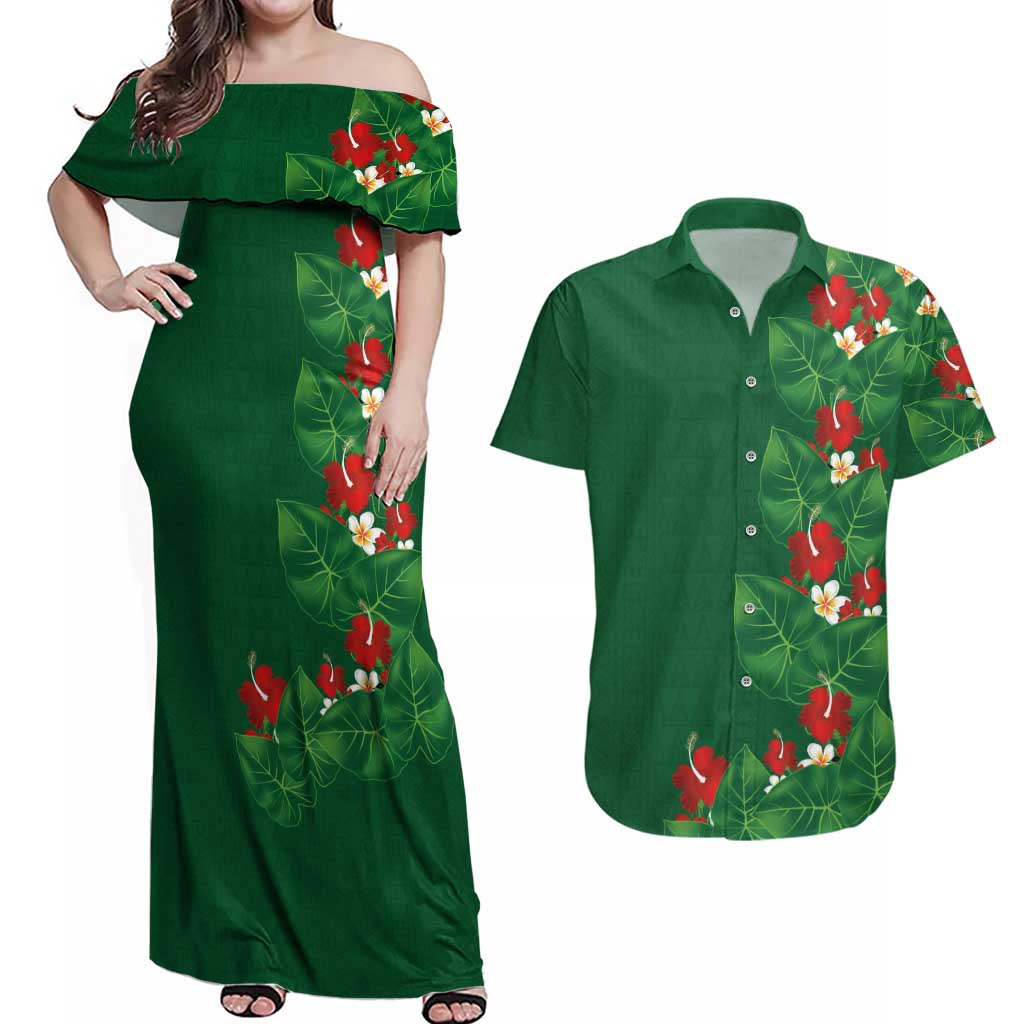 Hawaiian Taro Leaves-Hibiscus and Plumeria Couples Matching Off Shoulder Maxi Dress and Hawaiian Shirt Polynesian Art-Kakau Tattoo Green LT03 Green - Polynesian Pride