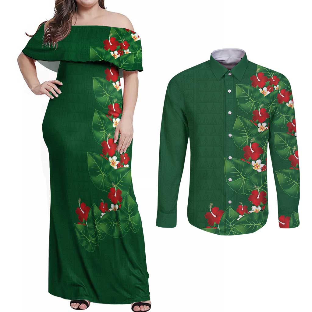 Hawaiian Taro Leaves-Hibiscus and Plumeria Couples Matching Off Shoulder Maxi Dress and Long Sleeve Button Shirt Polynesian Art-Kakau Tattoo Green LT03 Green - Polynesian Pride
