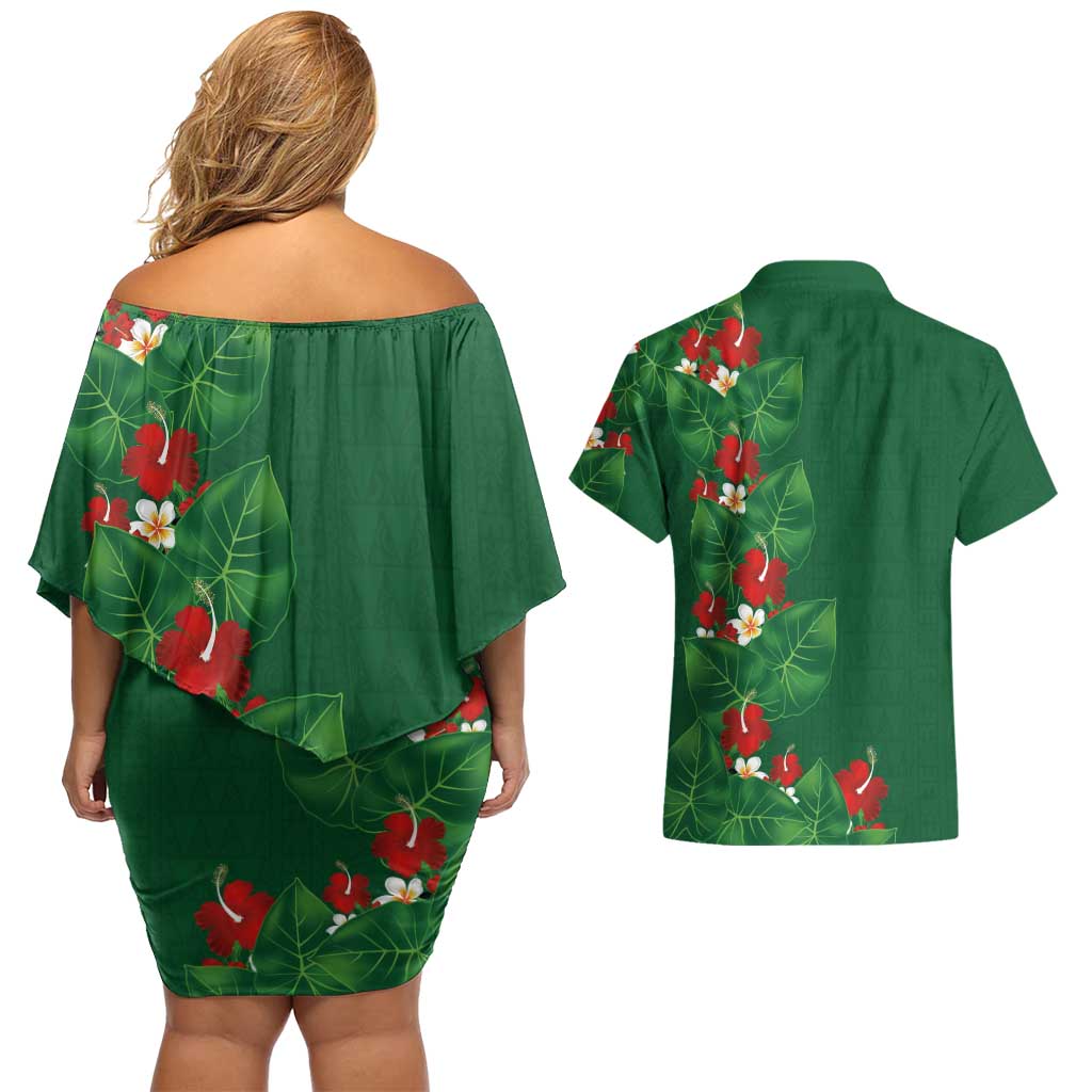 Hawaiian Taro Leaves-Hibiscus and Plumeria Couples Matching Off Shoulder Short Dress and Hawaiian Shirt Polynesian Art-Kakau Tattoo Green LT03 - Polynesian Pride