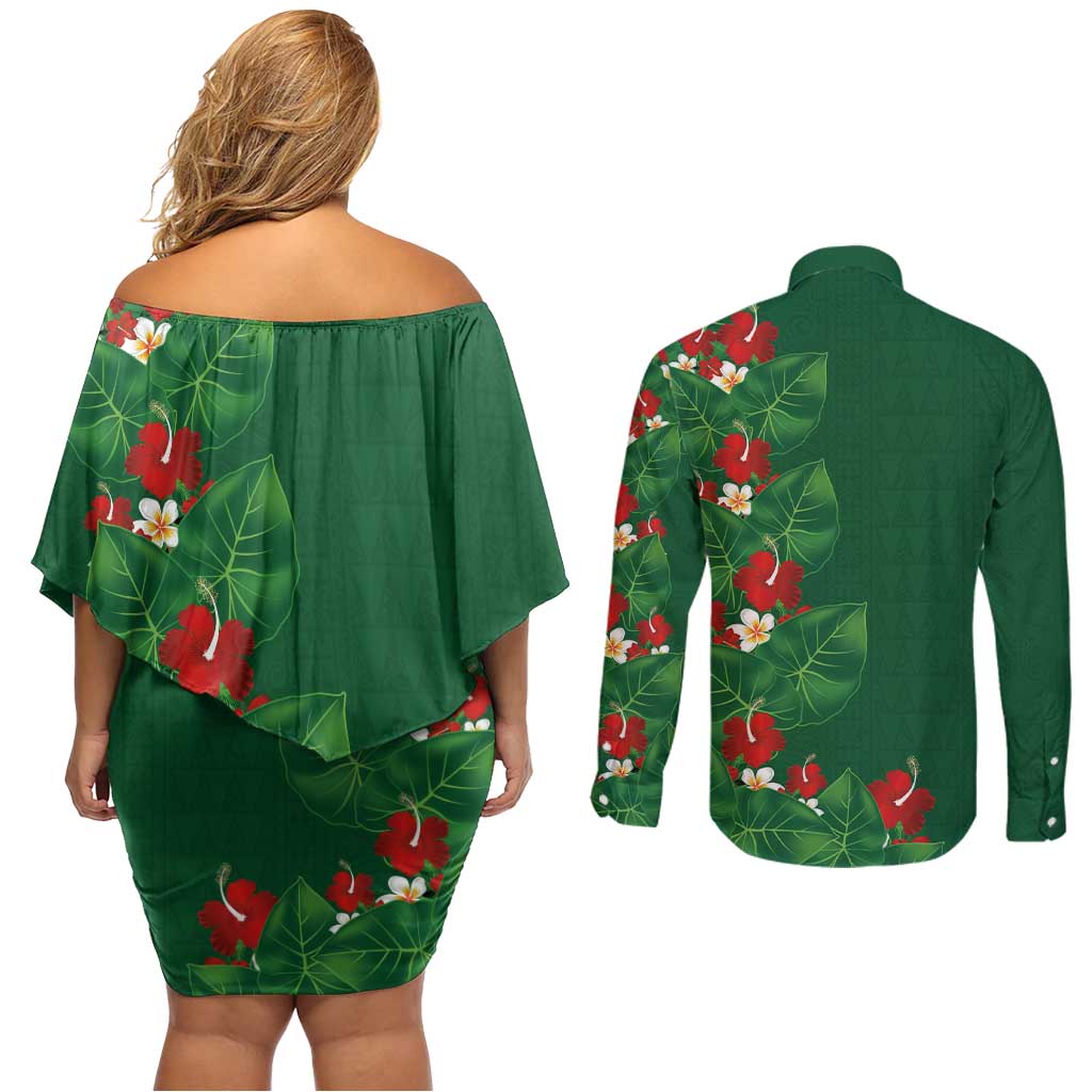 Hawaiian Taro Leaves-Hibiscus and Plumeria Couples Matching Off Shoulder Short Dress and Long Sleeve Button Shirt Polynesian Art-Kakau Tattoo Green LT03 - Polynesian Pride