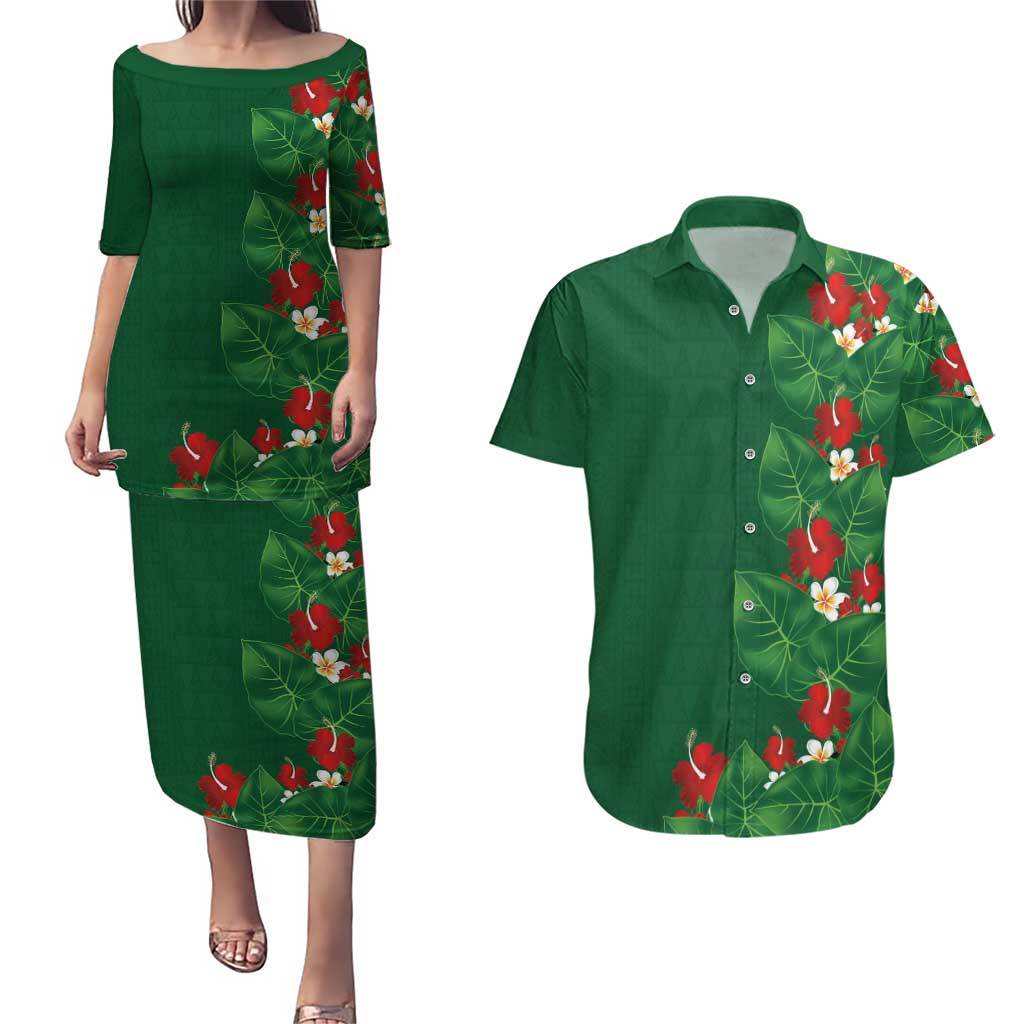 Hawaiian Taro Leaves-Hibiscus and Plumeria Couples Matching Puletasi and Hawaiian Shirt Polynesian Art-Kakau Tattoo Green LT03 Green - Polynesian Pride