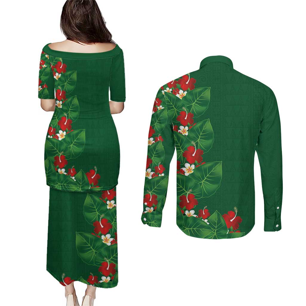 Hawaiian Taro Leaves-Hibiscus and Plumeria Couples Matching Puletasi and Long Sleeve Button Shirt Polynesian Art-Kakau Tattoo Green LT03 - Polynesian Pride