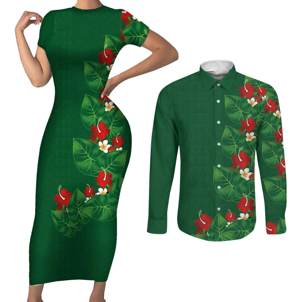 Hawaiian Taro Leaves-Hibiscus and Plumeria Couples Matching Short Sleeve Bodycon Dress and Long Sleeve Button Shirt Polynesian Art-Kakau Tattoo Green LT03 Green - Polynesian Pride