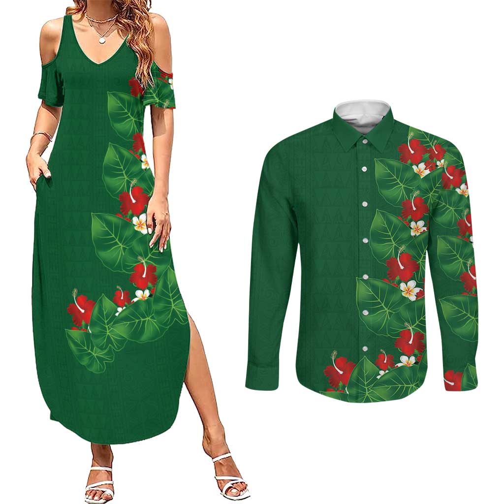 Hawaiian Taro Leaves-Hibiscus and Plumeria Couples Matching Summer Maxi Dress and Long Sleeve Button Shirt Polynesian Art-Kakau Tattoo Green LT03 Green - Polynesian Pride