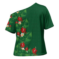 Hawaiian Taro Leaves-Hibiscus and Plumeria Cross Shoulder Shirt Polynesian Art-Kakau Tattoo Green LT03 - Polynesian Pride