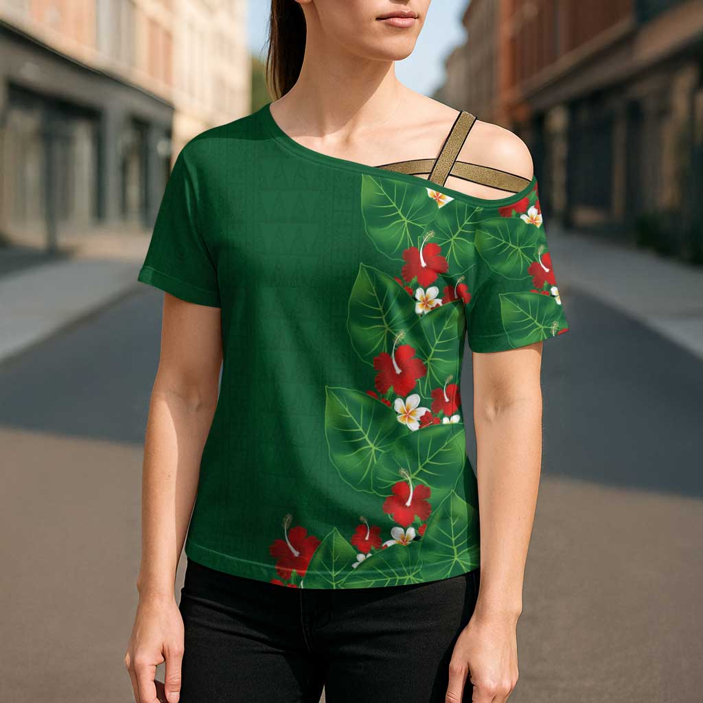 Hawaiian Taro Leaves-Hibiscus and Plumeria Cross Shoulder Shirt Polynesian Art-Kakau Tattoo Green LT03 - Polynesian Pride