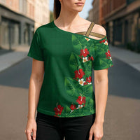 Hawaiian Taro Leaves-Hibiscus and Plumeria Cross Shoulder Shirt Polynesian Art-Kakau Tattoo Green LT03 - Polynesian Pride