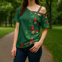 Hawaiian Taro Leaves-Hibiscus and Plumeria Cross Shoulder Shirt Polynesian Art-Kakau Tattoo Green LT03 - Polynesian Pride